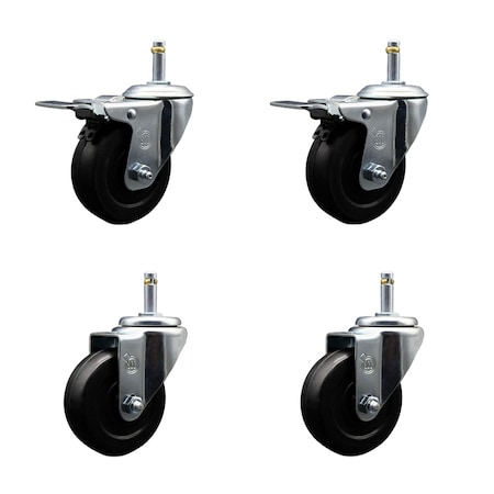 Service Caster 3.5'' Soft Rubber Wheel Swivel 7/16'' Stem Caster Set 2 Total Lock Brake, 4PK SCC-GRTTL20S3514-SRS-716138-2-S-2